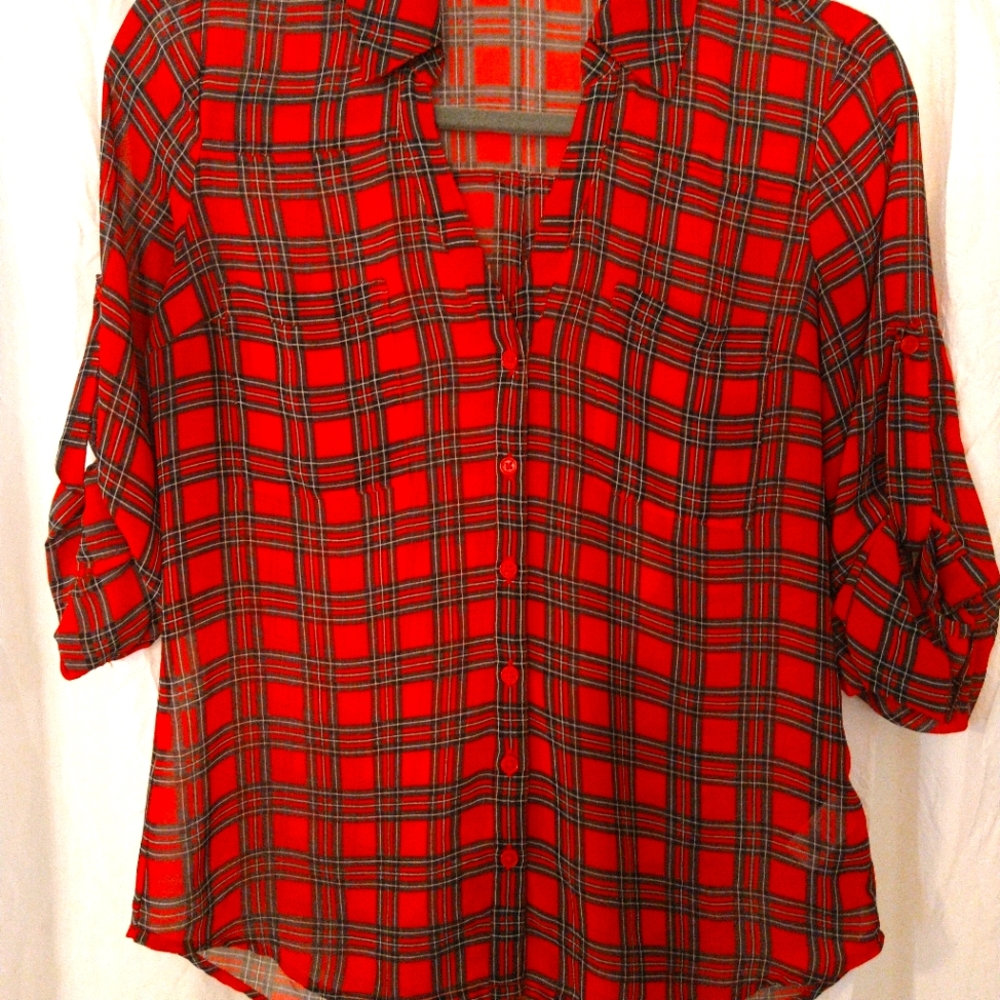 Express Portofino Shirt Red Plaid XS